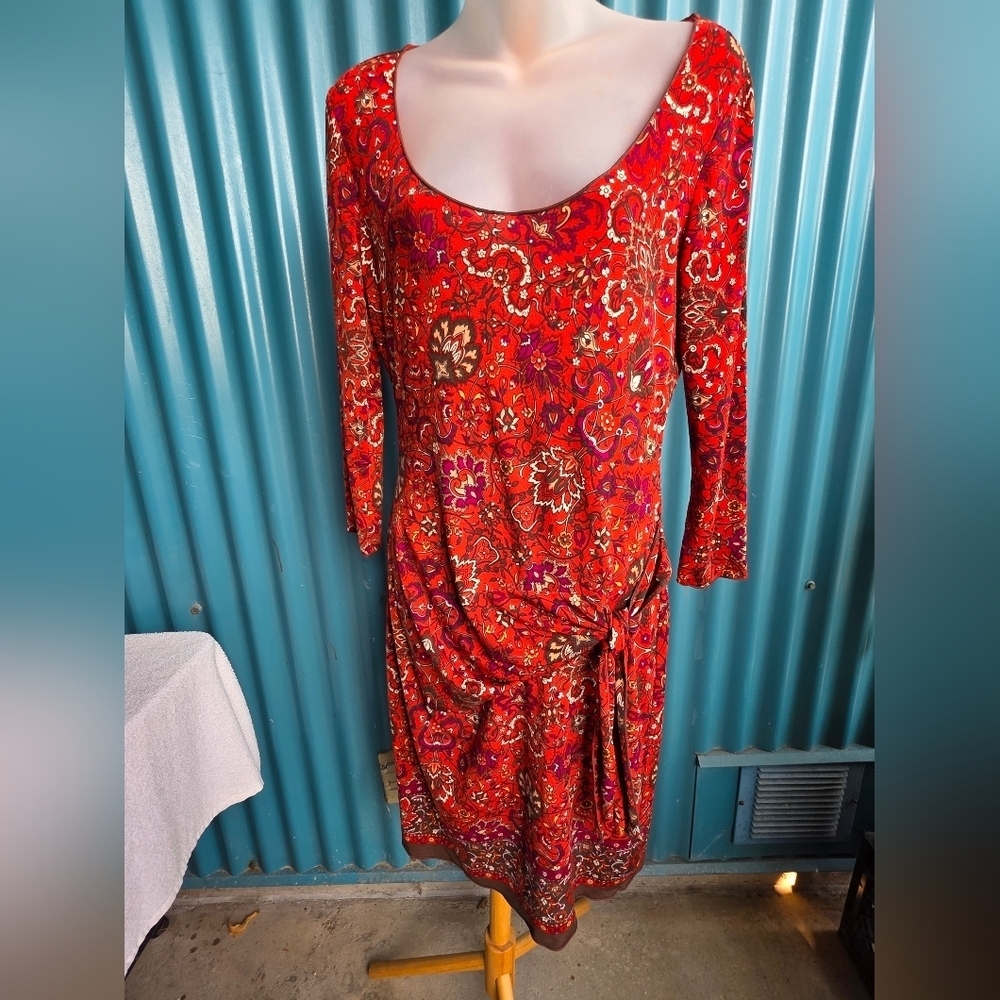 Max Studio Vibrant Red Paisley Long Sleeve Dress